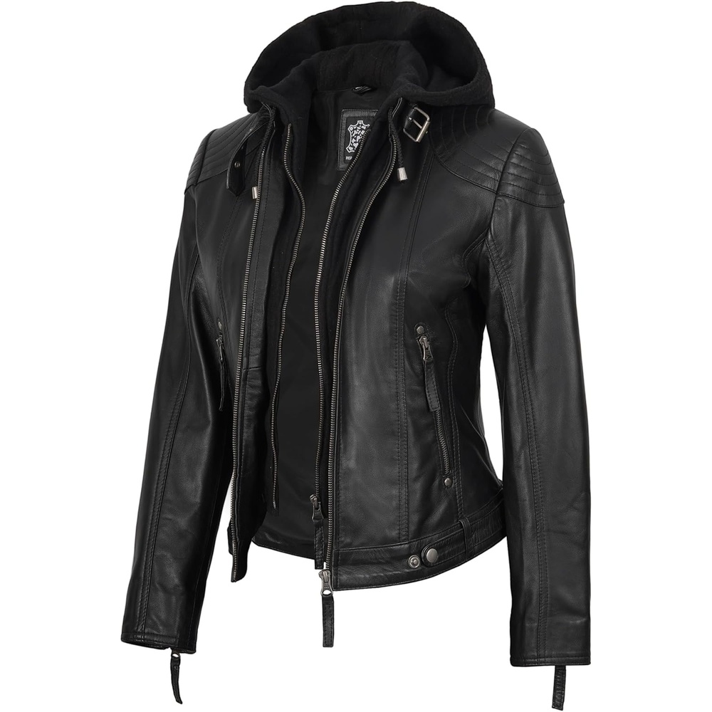 image:imageBlingsoul Hooded Leather Jacket Women Real Lambskin Leather Jacket for Women with Detachable HoodBlack