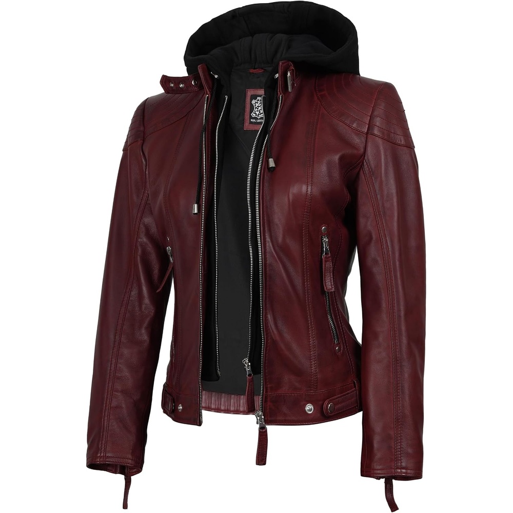 image:imageBlingsoul Hooded Leather Jacket Women Real Lambskin Leather Jacket for Women with Detachable HoodBurgundy Maroon Wax
