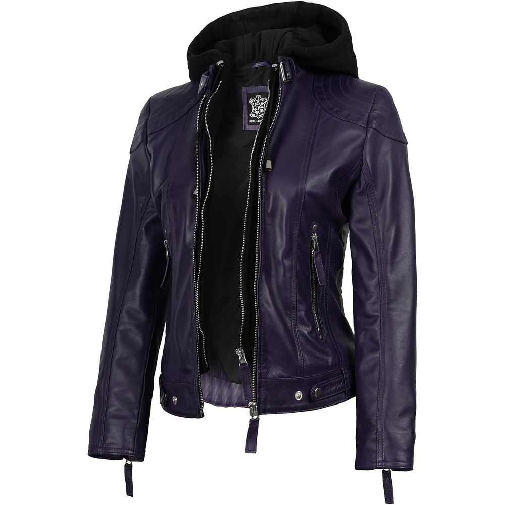 image:imageBlingsoul Hooded Leather Jacket Women Real Lambskin Leather Jacket for Women with Detachable HoodPurple Wax