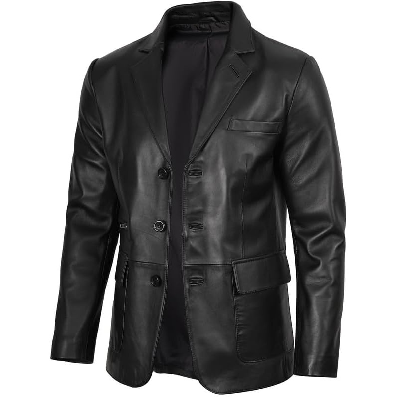 image:imageBlingsoul Leather Blazer Jacket Mens Real Lambskin 3Button Sport Coat with Notch Lapel CollarBlack