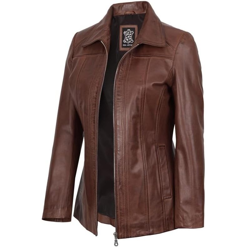 image:imageBlingsoul Leather Coats for Womens Real Long Leather Jacket WomenCognac Wax