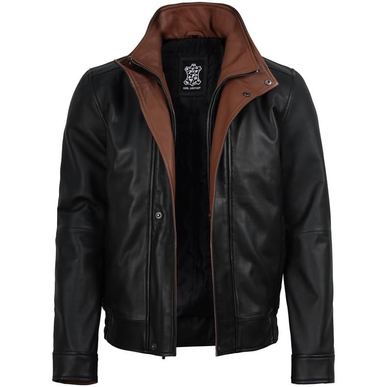 image:imageBlingsoul Leather Jacket for Men Real Lambskin Leather Jacket Mens with Wide Notch Lapel CollarBlack Cognac