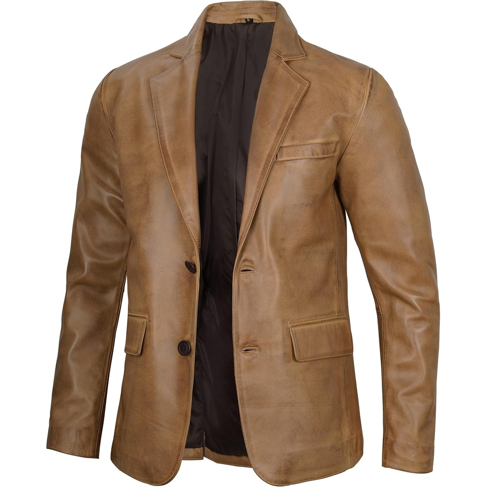 image:imageBlingsoul Mens Leather Blazer Jacket Real Lambskin Sport Coat with Notch Lapel CollarCamel Wax