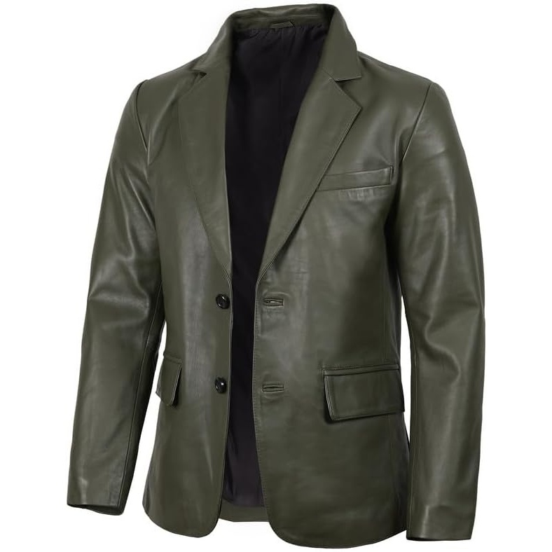image:imageBlingsoul Mens Leather Blazer Jacket Real Lambskin Sport Coat with Notch Lapel CollarGreen