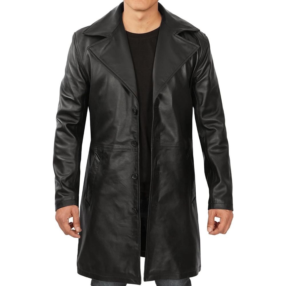 image:imageBlingsoul Mens Leather Car Coat Genuine Lambskin Long Leather Jacket for Men Real Leather Coat with Lapel CollarBlack