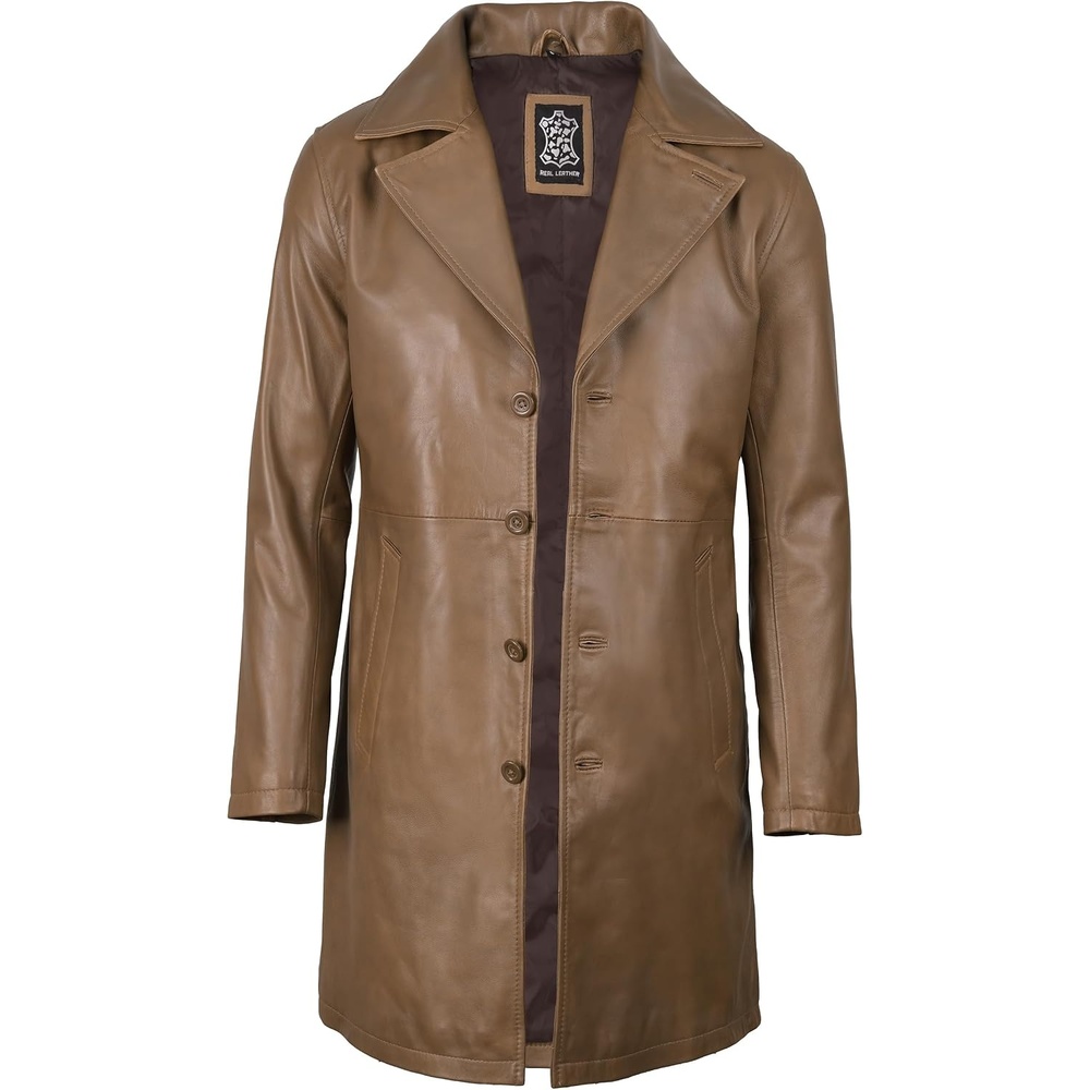 image:imageBlingsoul Mens Leather Car Coat Genuine Lambskin Long Leather Jacket for Men Real Leather Coat with Lapel CollarBrown