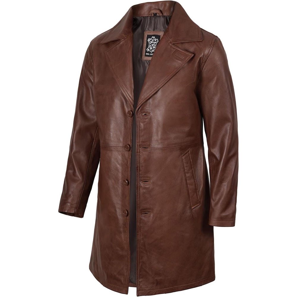 image:imageBlingsoul Mens Leather Car Coat Genuine Lambskin Long Leather Jacket for Men Real Leather Coat with Lapel CollarCognac Wax