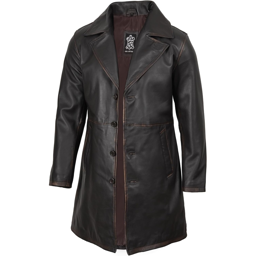 image:imageBlingsoul Mens Leather Car Coat  Genuine Lambskin Long Leather Jacket for Men Real Leather Coat with Lapel CollarDark Brown Ruboff