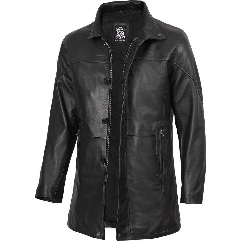 image:imageBlingsoul Mens Leather Car Coat Real Lambskin Long Leather Jacket Men MidThigh Genuine Leather Coat for MenBlack