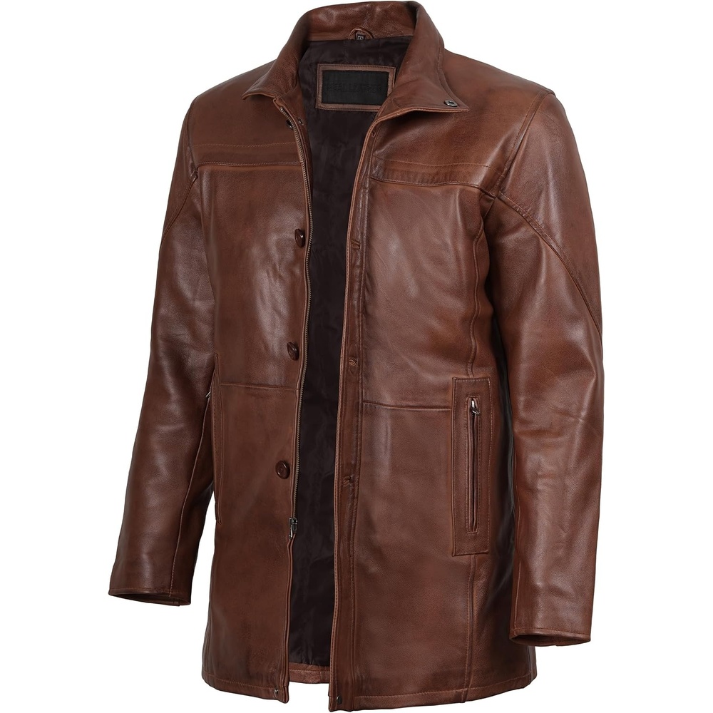 image:imageBlingsoul Mens Leather Car Coat Real Lambskin Long Leather Jacket Men MidThigh Genuine Leather Coat for MenCognac Wax