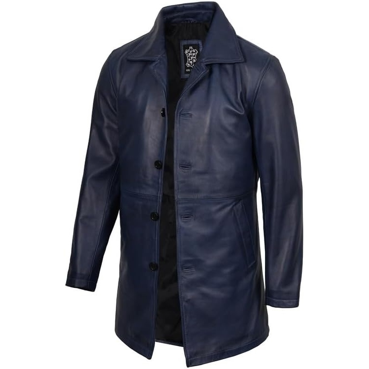 image:imageBlingsoul Mens Leather Coat MidLength Real Lambskin Long Leather Jacket MenBlue Wax