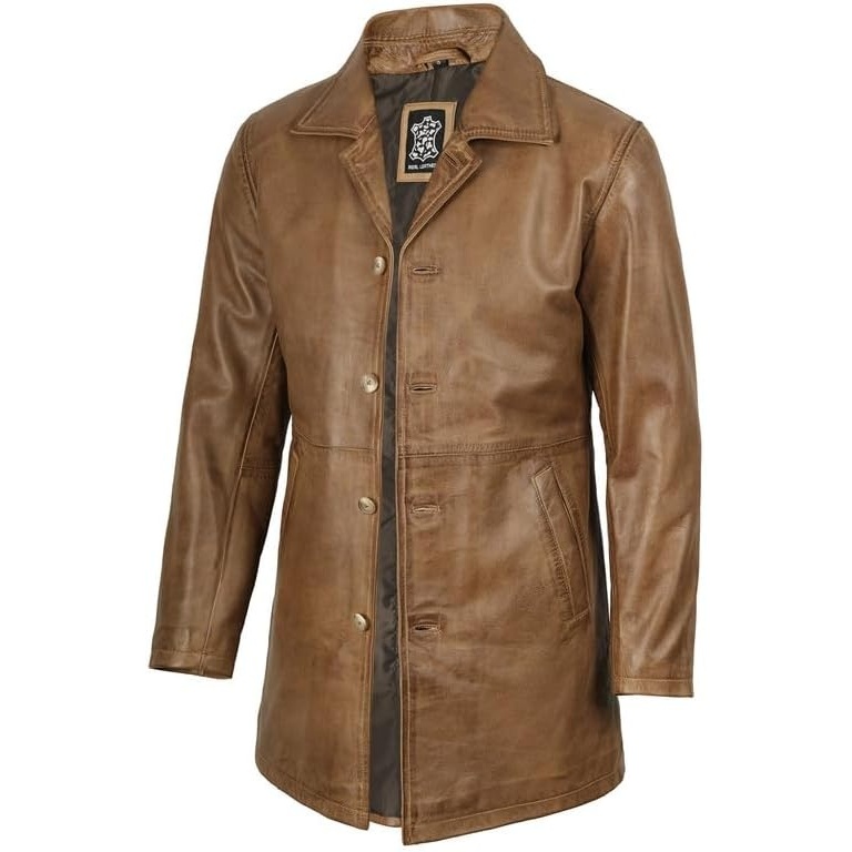 image:imageBlingsoul Mens Leather Coat MidLength Real Lambskin Long Leather Jacket MenCamel Brown