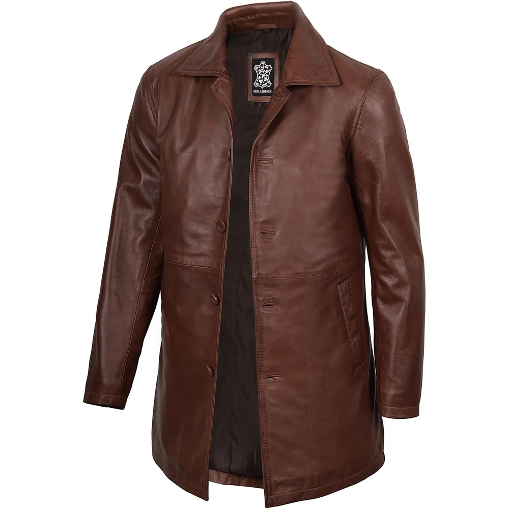 image:imageBlingsoul Mens Leather Coat MidLength Real Lambskin Long Leather Jacket MenCognac Wax