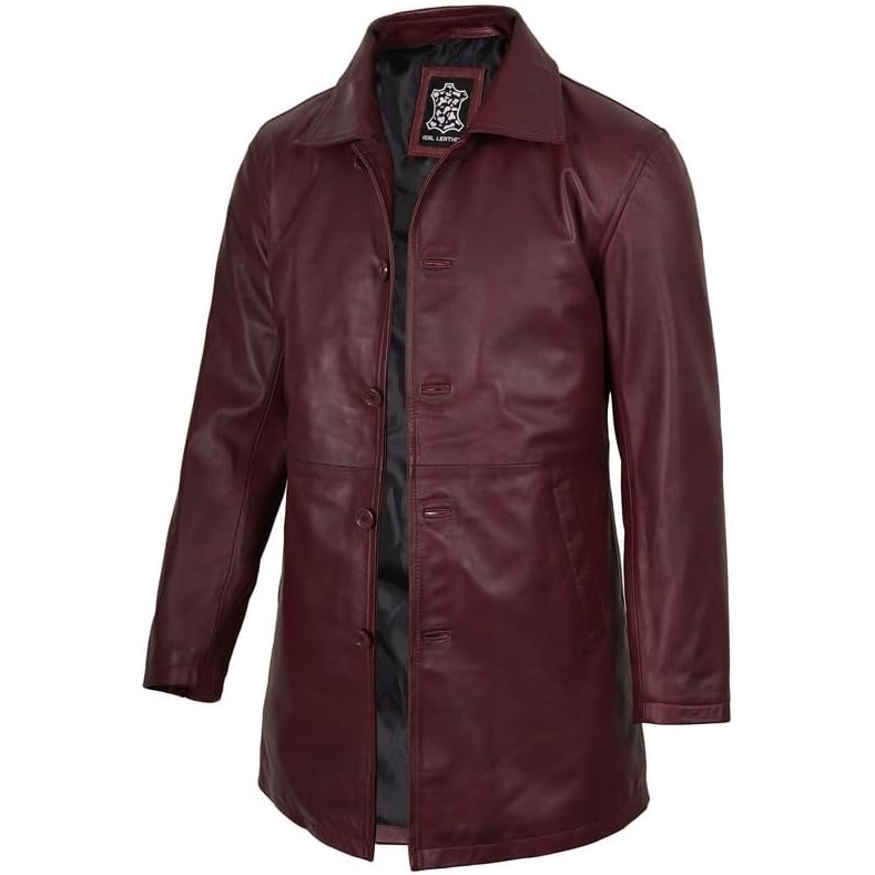 image:imageBlingsoul Mens Leather Coat MidLength Real Lambskin Long Leather Jacket MenMaroon Wax