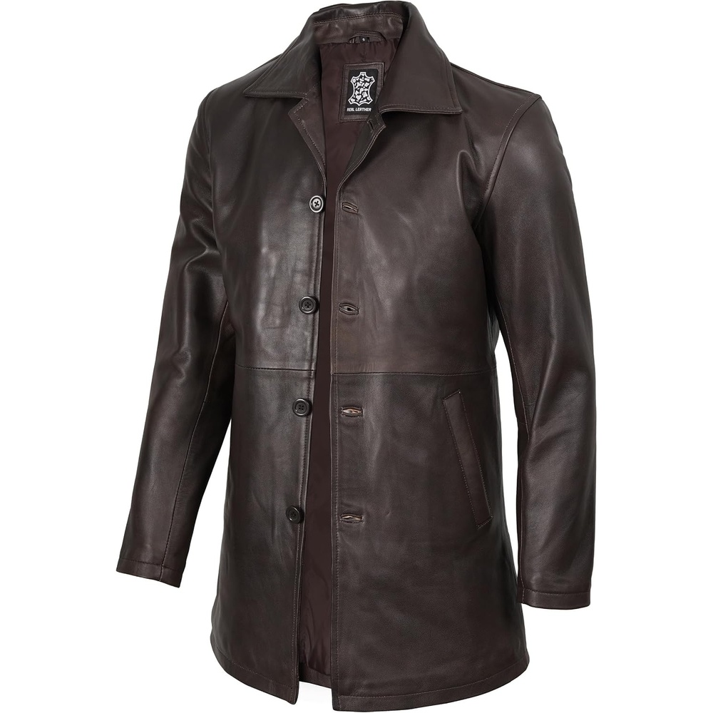 image:imageBlingsoul Mens Leather Coat MidLength Real Lambskin Long Leather Jacket MenVintage Brown