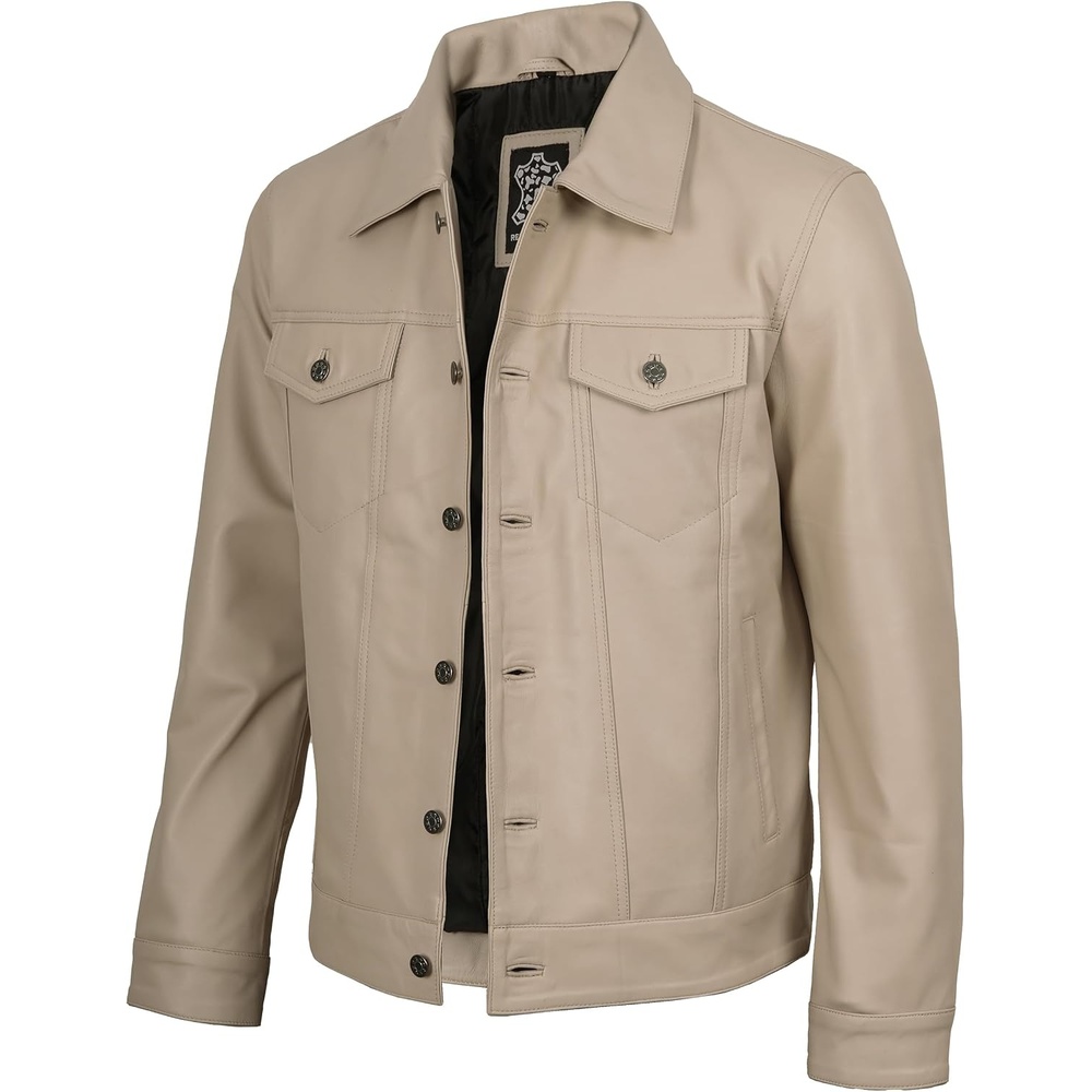 image:imageBlingsoul Mens Leather Trucker Jacket Vintage Real FullGrain Lambskin Leather Jacket for Men with Shirt Style CollarBeige