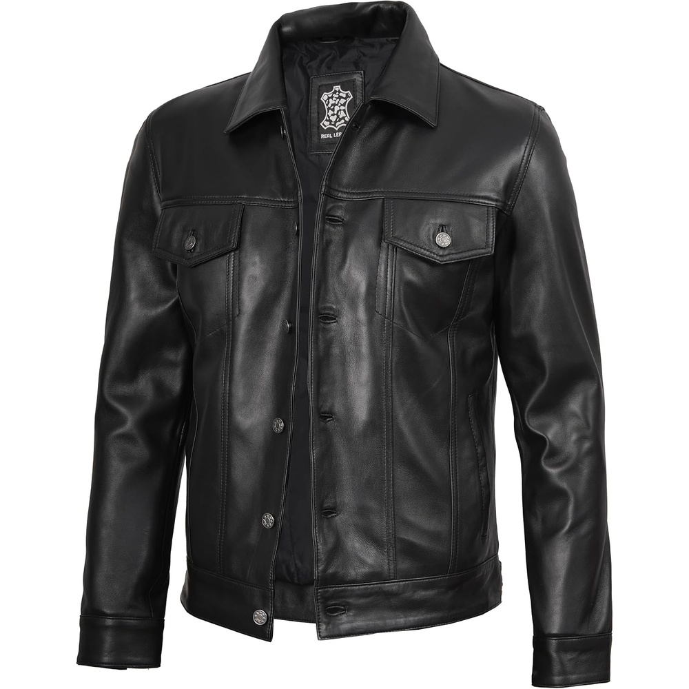 image:imageBlingsoul Mens Leather Trucker Jacket Vintage Real FullGrain Lambskin Leather Jacket for Men with Shirt Style CollarBlack