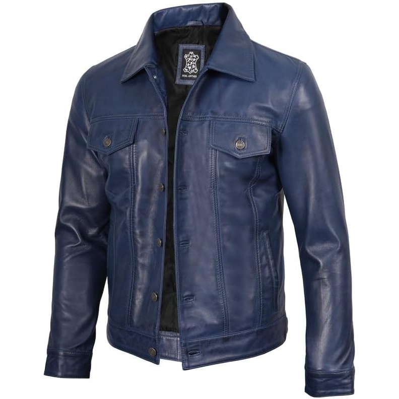 image:imageBlingsoul Mens Leather Trucker Jacket Vintage Real FullGrain Lambskin Leather Jacket for Men with Shirt Style CollarBlue