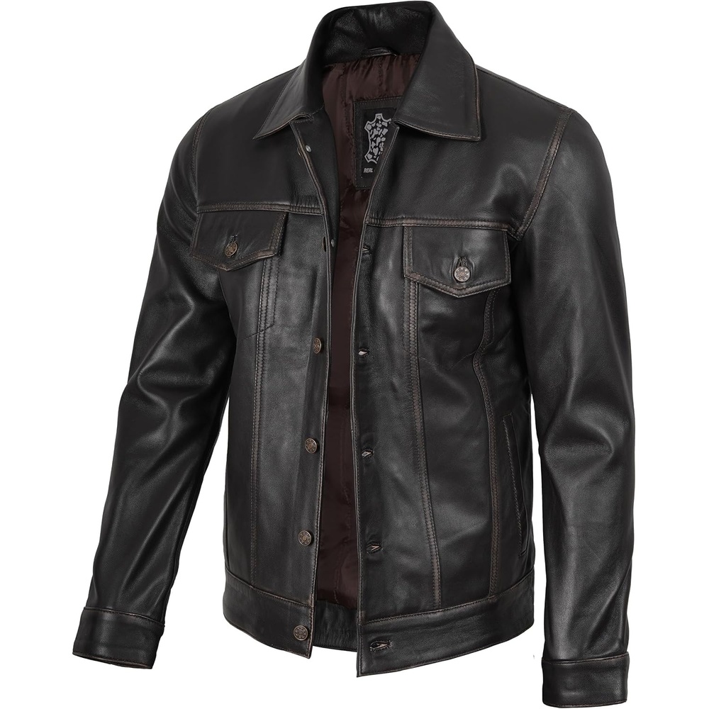image:imageBlingsoul Mens Leather Trucker Jacket Vintage Real FullGrain Lambskin Leather Jacket for Men with Shirt Style CollarDark Brown Ruboff