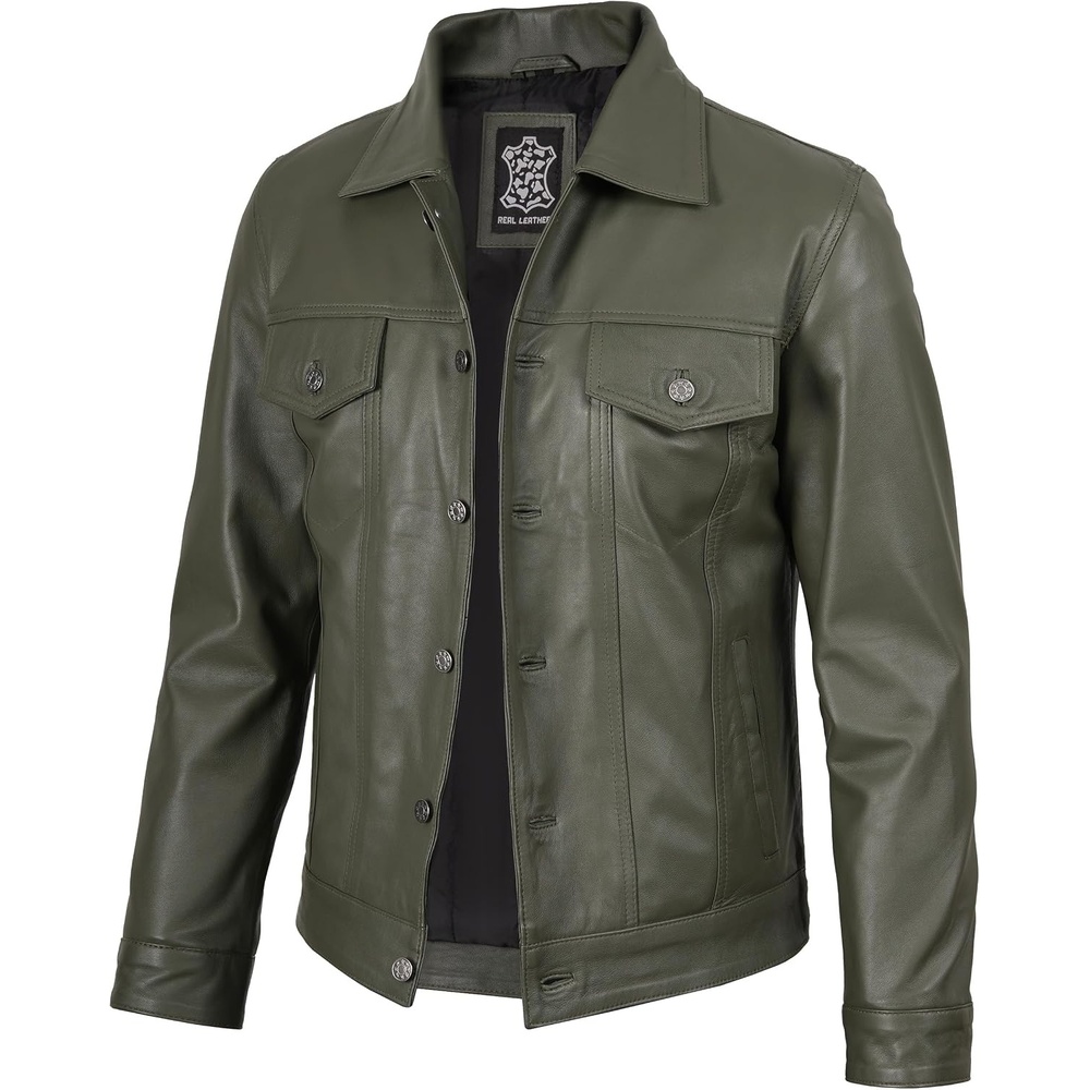 image:imageBlingsoul Mens Leather Trucker Jacket Vintage Real FullGrain Lambskin Leather Jacket for Men with Shirt Style CollarOlive Green