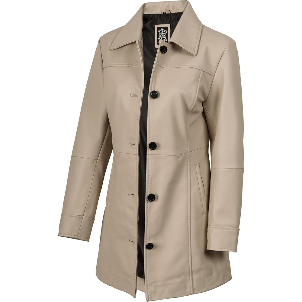 image:imageBlingsoul MidLength Leather Car Coat Women Vintage Long Leather Jacket for Women Real Lambskin Coat with Spread CollarBeige