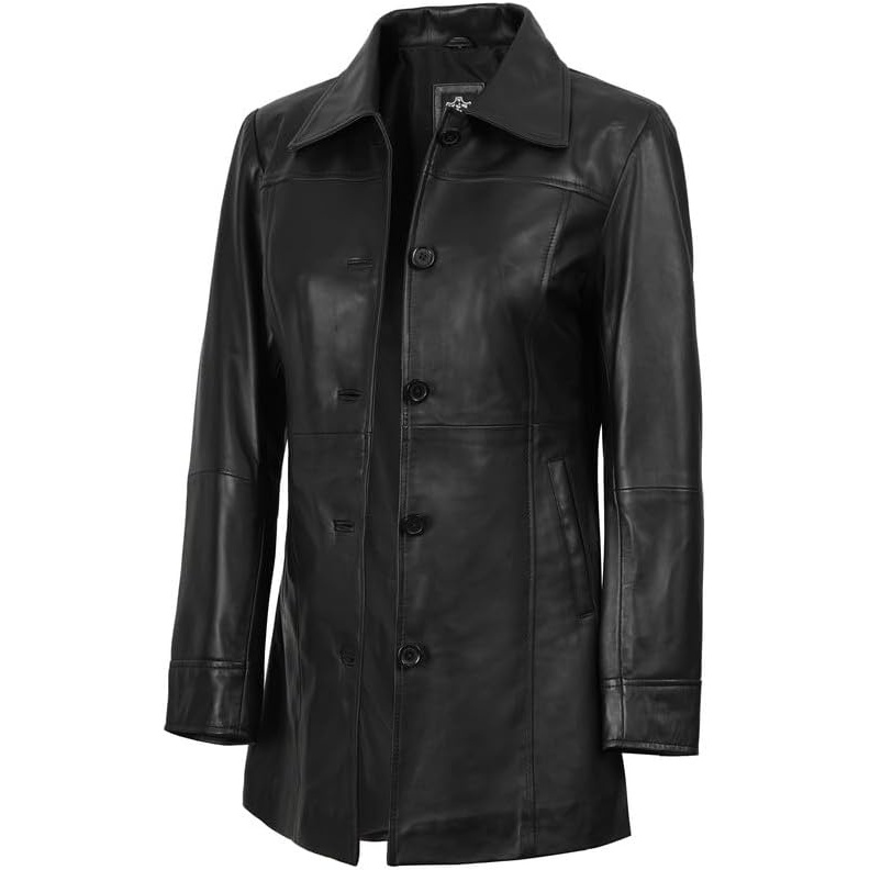 image:imageBlingsoul MidLength Leather Car Coat Women Vintage Long Leather Jacket for Women Real Lambskin Coat with Spread CollarBlack