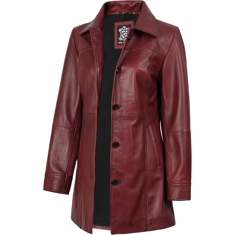 image:imageBlingsoul MidLength Leather Car Coat Women Vintage Long Leather Jacket for Women Real Lambskin Coat with Spread CollarBurgundy Maroon Wax