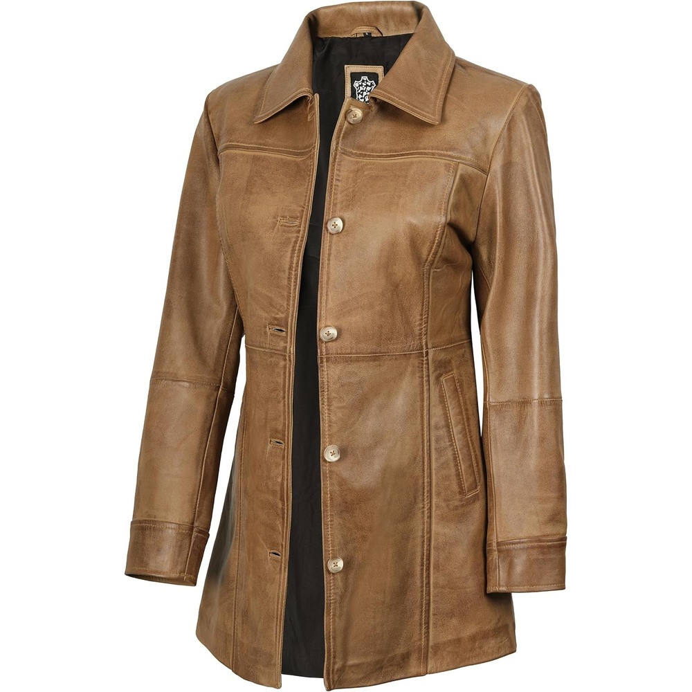image:imageBlingsoul MidLength Leather Car Coat Women Vintage Long Leather Jacket for Women Real Lambskin Coat with Spread CollarCamel Wax
