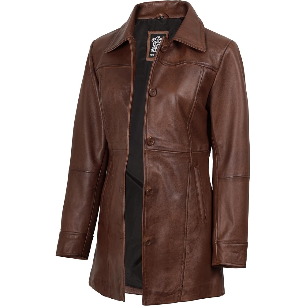 image:imageBlingsoul MidLength Leather Car Coat Women Vintage Long Leather Jacket for Women Real Lambskin Coat with Spread CollarCognac Wax