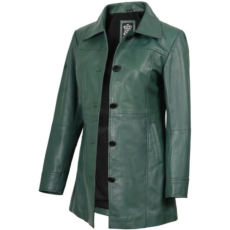 image:imageBlingsoul MidLength Leather Car Coat Women Vintage Long Leather Jacket for Women Real Lambskin Coat with Spread CollarGreen