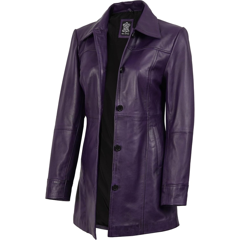 image:imageBlingsoul MidLength Leather Car Coat Women Vintage Long Leather Jacket for Women Real Lambskin Coat with Spread CollarPurple Wax