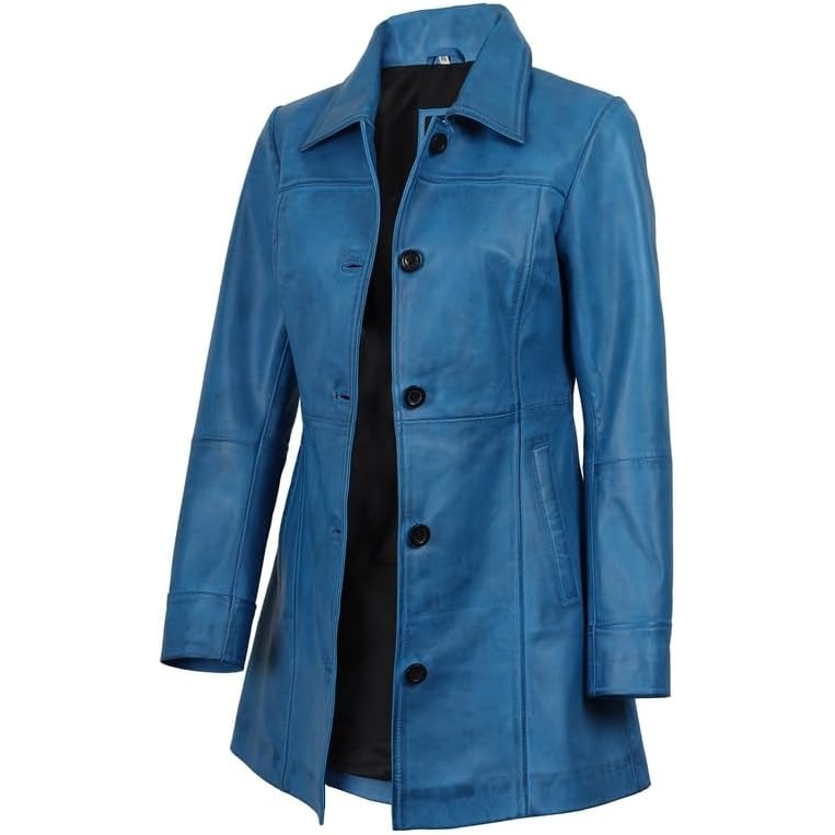 image:imageBlingsoul MidLength Leather Car Coat Women Vintage Long Leather Jacket for Women Real Lambskin Coat with Spread CollarVivid Blue Wax
