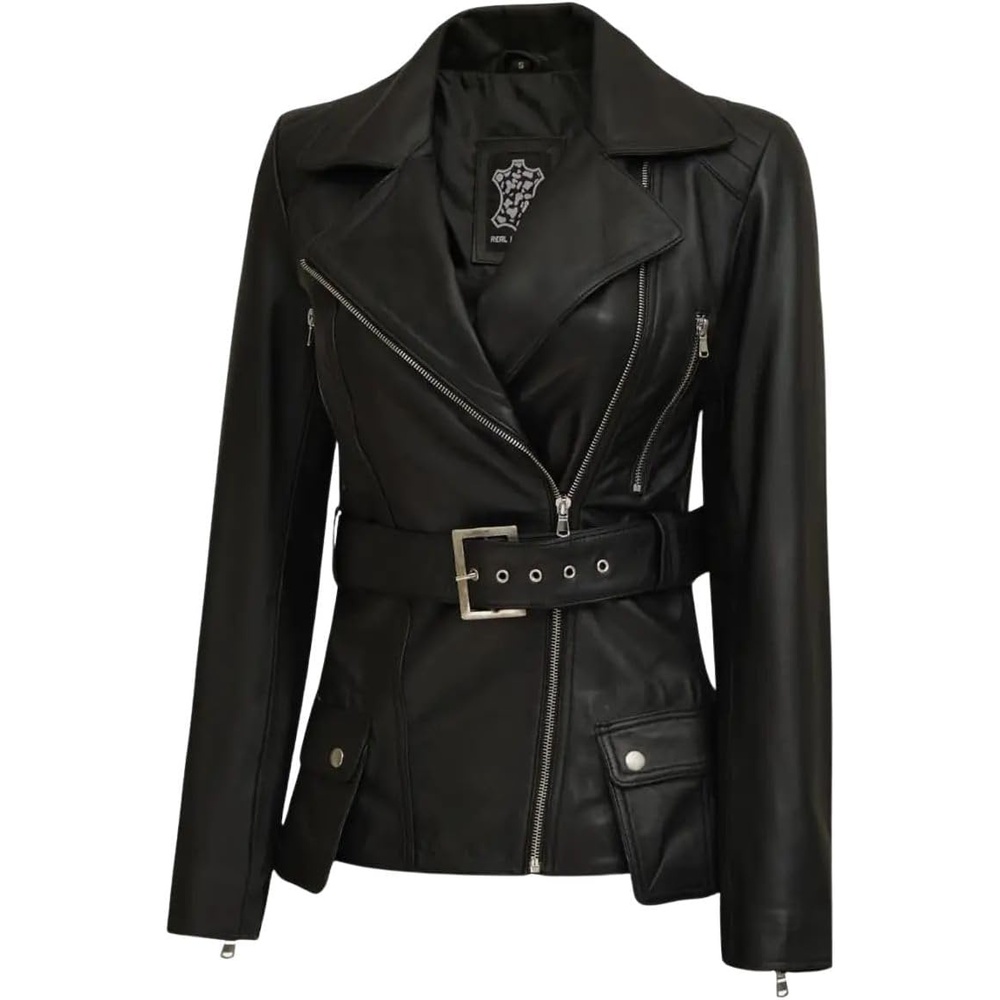 image:imageBlingsoul Real Lambskin Asymmetrical Jacket For Women Belted Leather Jacket WomensBlack