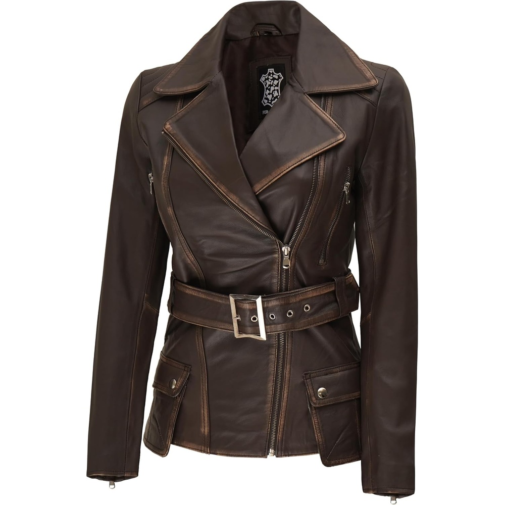 image:imageBlingsoul Real Lambskin Asymmetrical Jacket For Women Belted Leather Jacket WomensDark Brown Ruboff