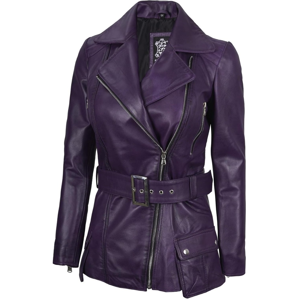 image:imageBlingsoul Real Lambskin Asymmetrical Jacket For Women Belted Leather Jacket WomensPurple Wax