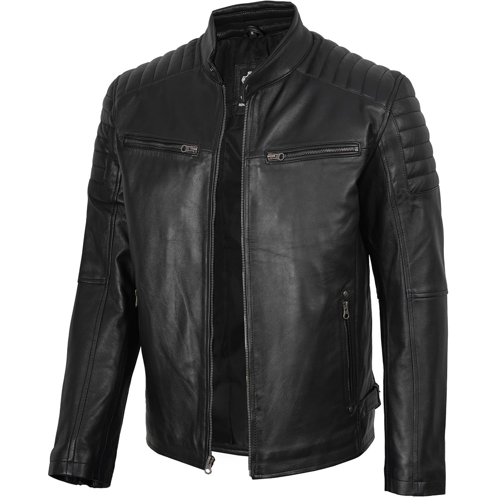 image:imageBlingsoul Real Lambskin Leather Jacket Men Cafe Racer Style Premium Mens Leather JacketBlack