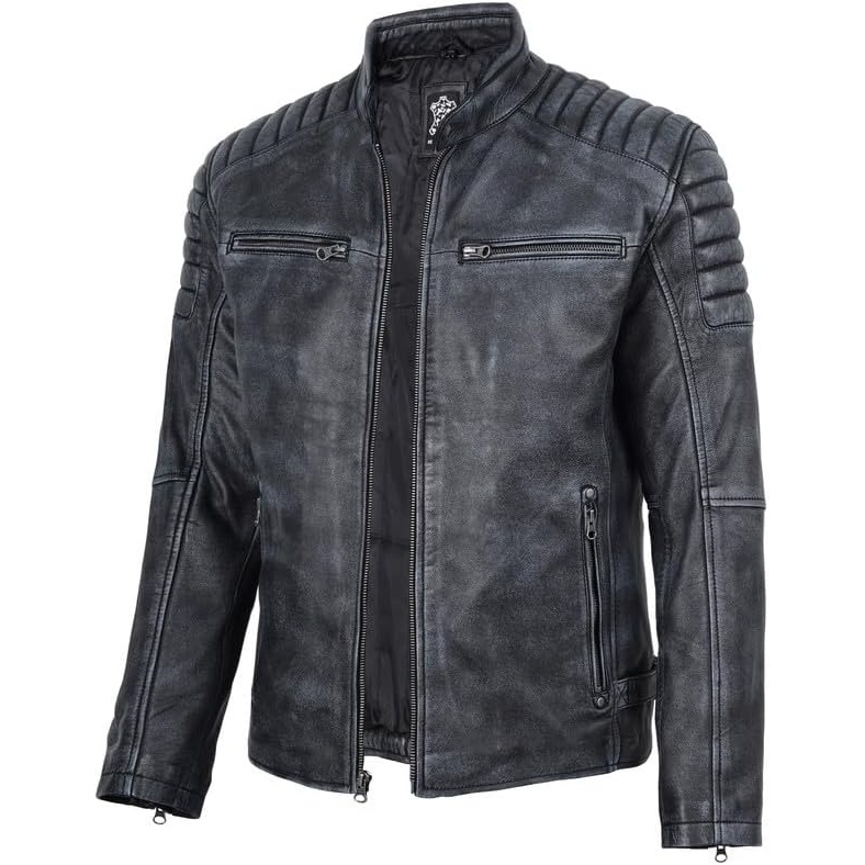 image:imageBlingsoul Real Lambskin Leather Jacket Men Cafe Racer Style Premium Mens Leather JacketBlack Distressed Washed