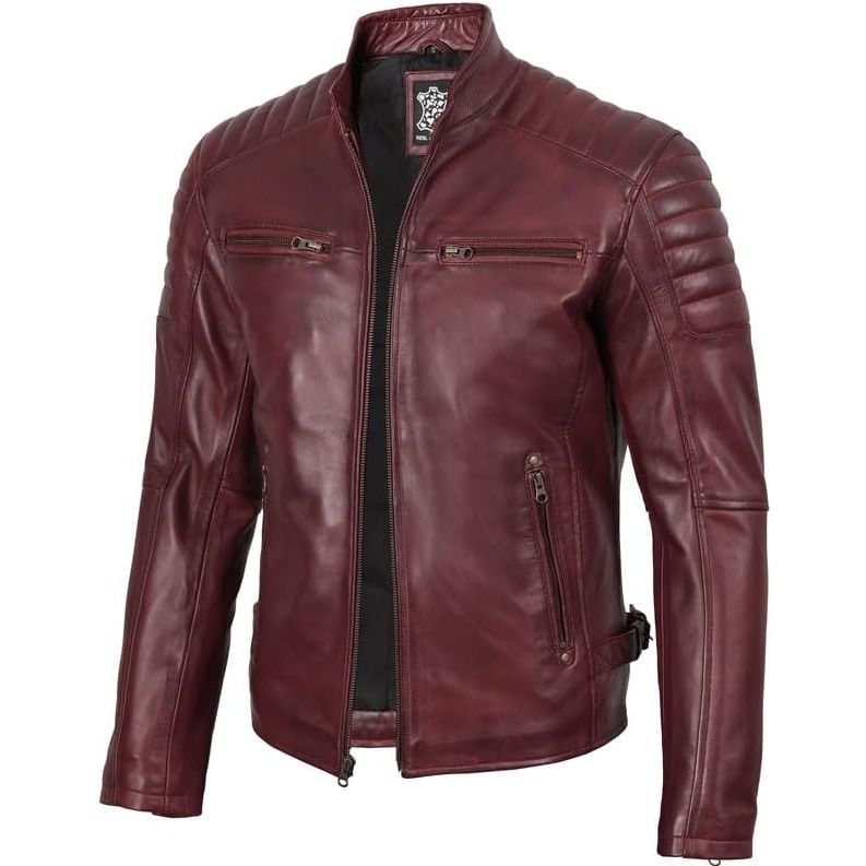 image:imageBlingsoul Real Lambskin Leather Jacket Men Cafe Racer Style Premium Mens Leather JacketBurgundy Maroon Wax