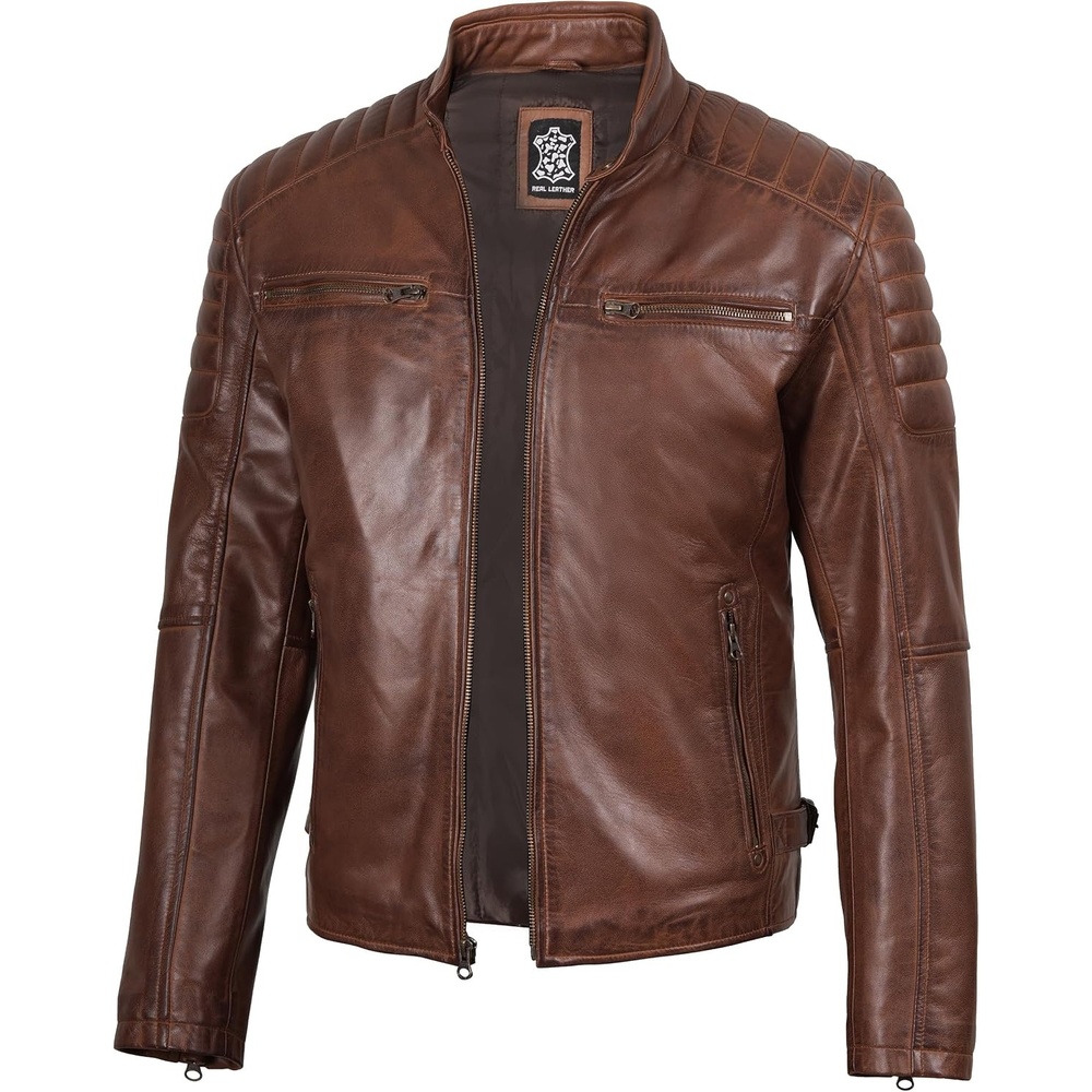 image:imageBlingsoul Real Lambskin Leather Jacket Men Cafe Racer Style Premium Mens Leather JacketCognac Wax