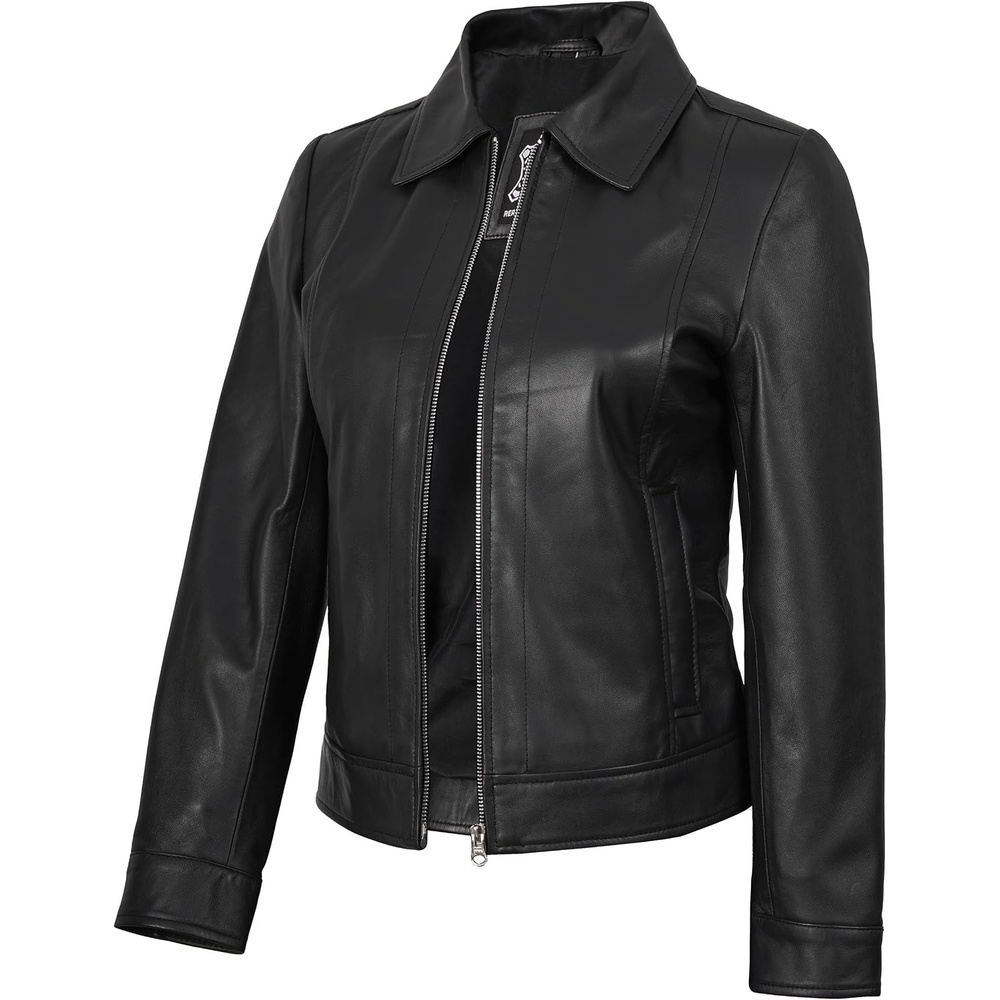 image:imageBlingsoul Real Lambskin Leather Jacket for Women Shirt Collar Leather Jacket WomensBlack
