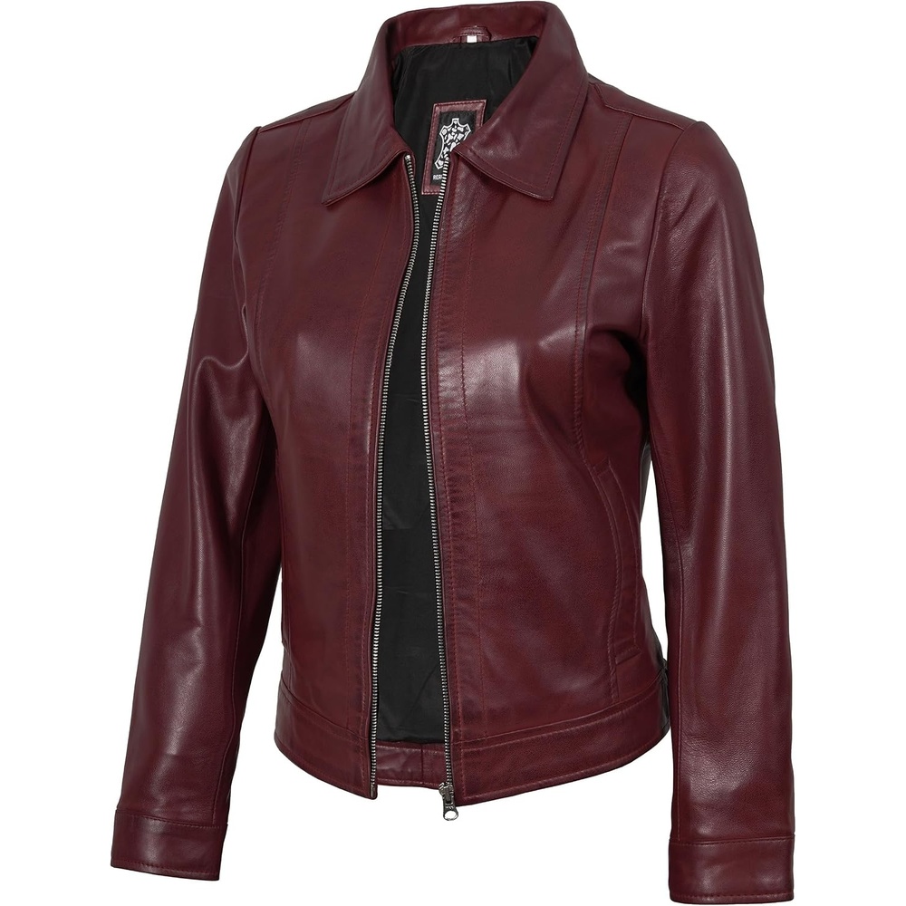 image:imageBlingsoul Real Lambskin Leather Jacket for Women Shirt Collar Leather Jacket WomensBurgundy Maroon Wax