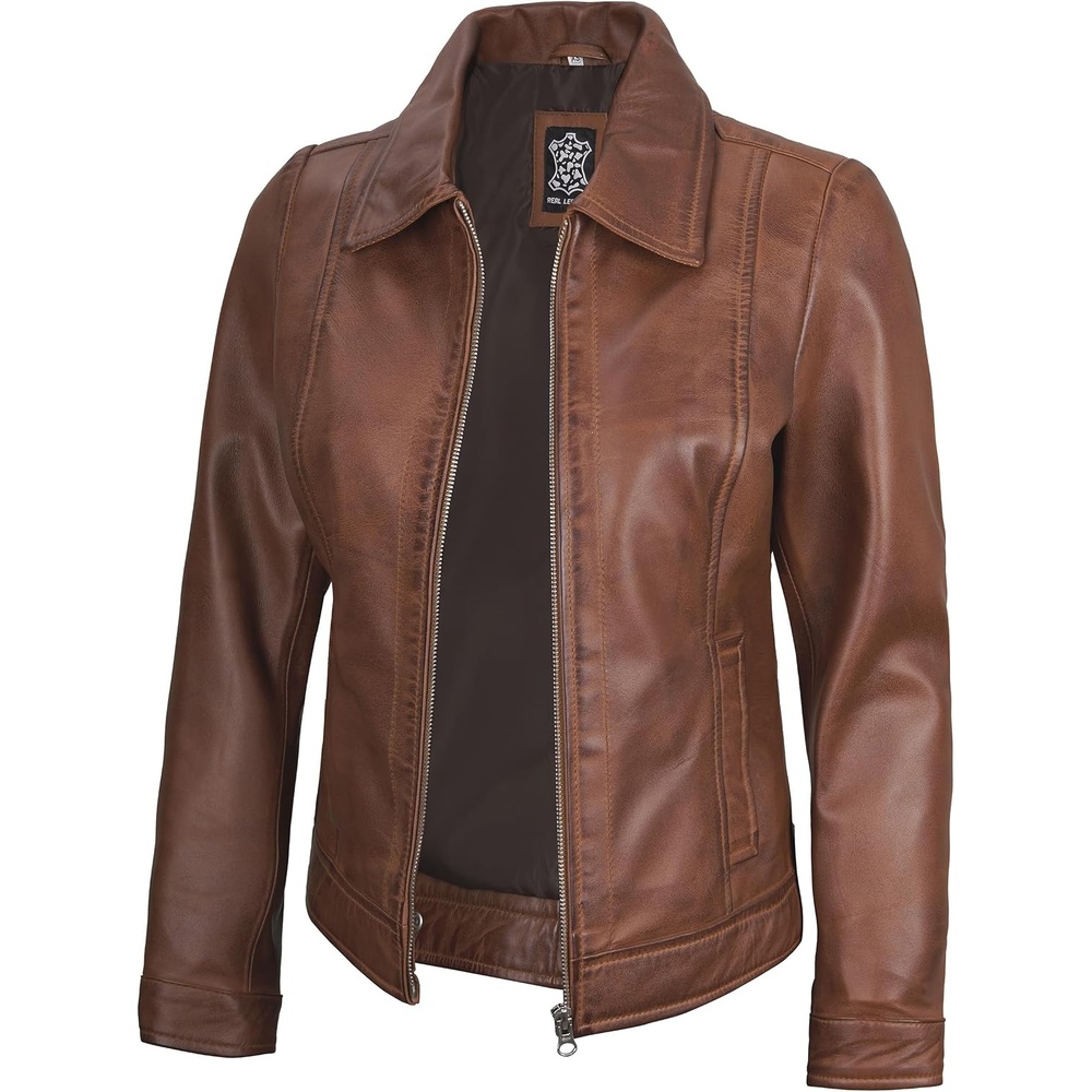 image:imageBlingsoul Real Lambskin Leather Jacket for Women Shirt Collar Leather Jacket WomensCognac Wax