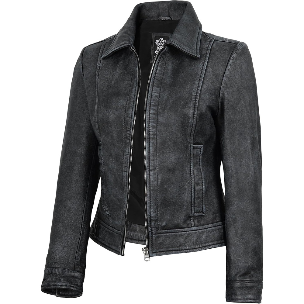 image:imageBlingsoul Real Lambskin Leather Jacket for Women Shirt Collar Leather Jacket WomensWashed Distressed Black