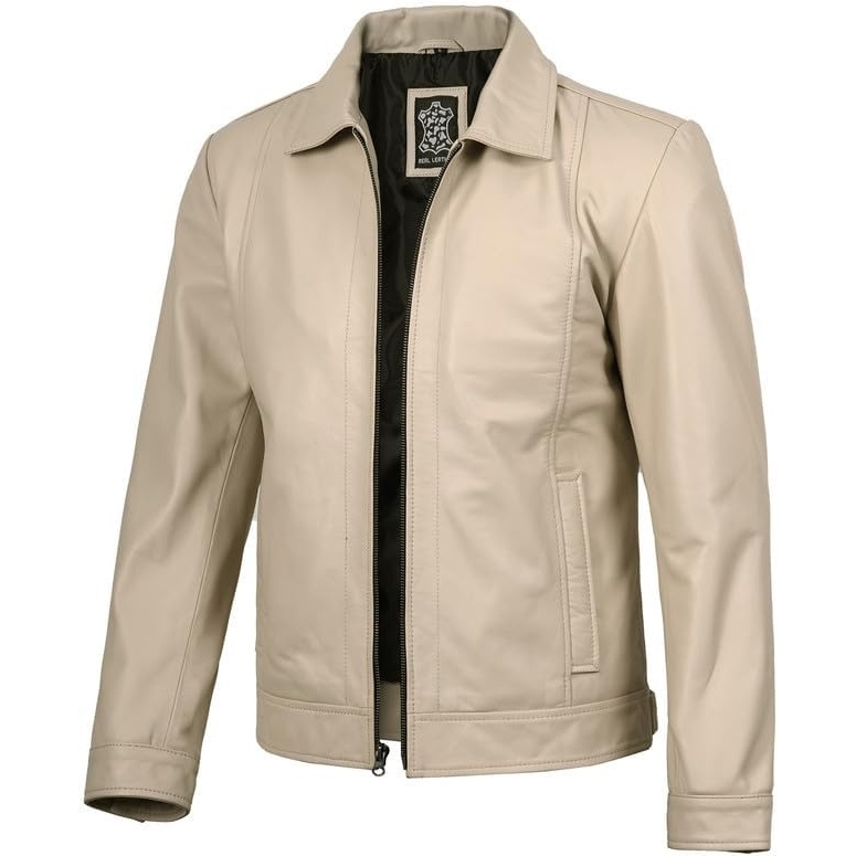 image:imageBlingsoul Vintage Leather Jacket Men Real Lambskin Classic Leather Jacket for Mens with Shirt Style CollarBeige