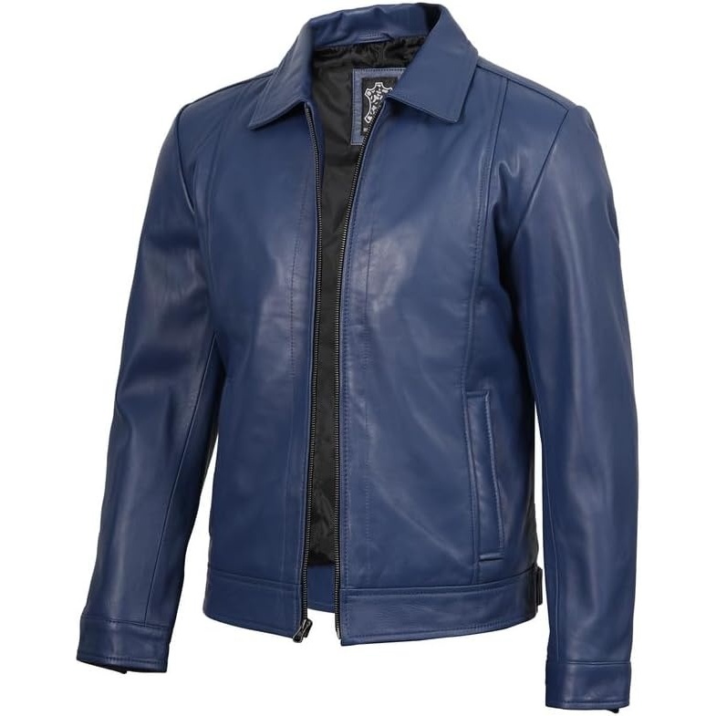 image:imageBlingsoul Vintage Leather Jacket Men Real Lambskin Classic Leather Jacket for Mens with Shirt Style CollarBlue