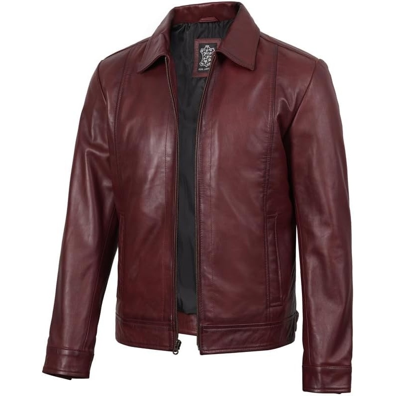 image:imageBlingsoul Vintage Leather Jacket Men Real Lambskin Classic Leather Jacket for Mens with Shirt Style CollarBurgundy Maroon Wax
