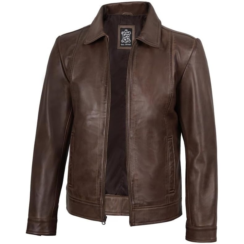 image:imageBlingsoul Vintage Leather Jacket Men Real Lambskin Classic Leather Jacket for Mens with Shirt Style CollarCoffee Brown Wax