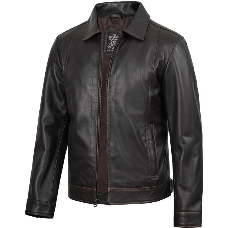 image:imageBlingsoul Vintage Leather Jacket Men Real Lambskin Classic Leather Jacket for Mens with Shirt Style CollarDark Brown Rub Off
