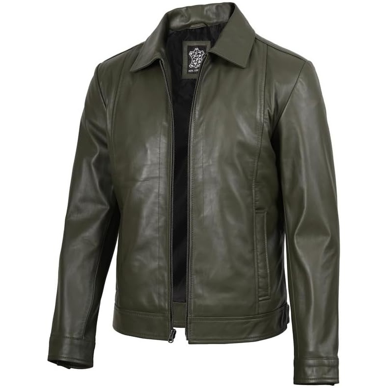 image:imageBlingsoul Vintage Leather Jacket Men Real Lambskin Classic Leather Jacket for Mens with Shirt Style CollarGreen