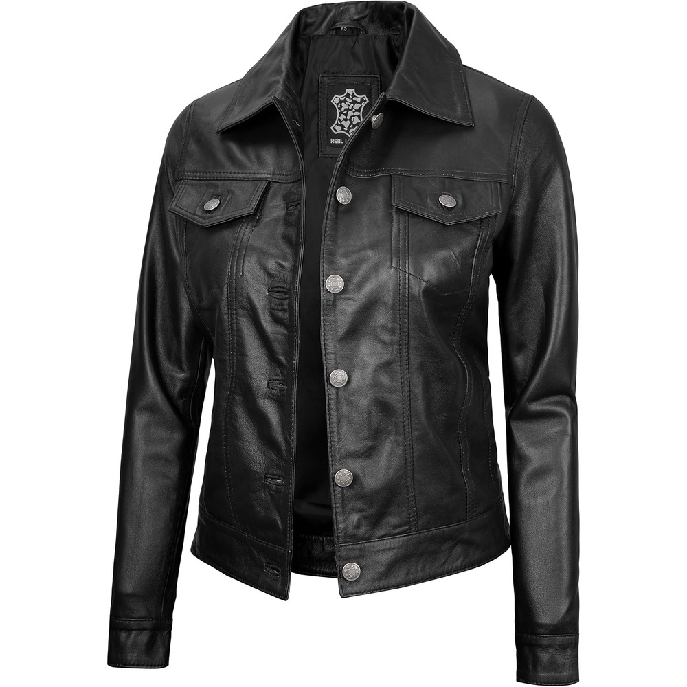 image:imageBlingsoul Vintage Leather Jacket Women Real Lambskin Leather Trucker Jacket For Women with Shirt CollarBlack